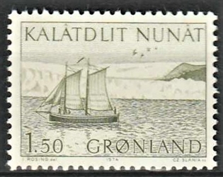 FRIMÆRKER GRØNLAND | 1974 - AFA 87a - Postbefordring - 1,50 kr. gulgrøn (den lyse) - Postfrisk